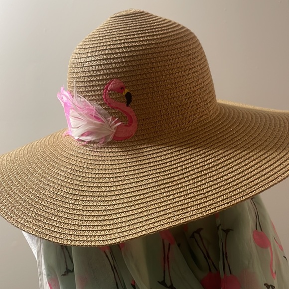 Summer Hat & Scarf Set, Flamingo Themed, Color: light green/hot pink - Picture 5 of 15